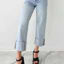 Lesore Womens High Waist Wash Denim Wide Leg Straight Leg Jeans Pants with Cuffed Hem (Blue)