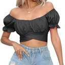 COOUFE Women's Crop Tops Ruffle Short Sleeve Tie Back Summer Off Shoulder Top Blouse, M