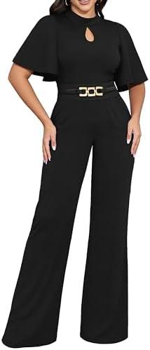 Yiershu Womens Casual Loose Ruffles Short Sleeve Belted Wide Leg Pant Romper Jumpsuit Casual Business One Piece Outfits Small