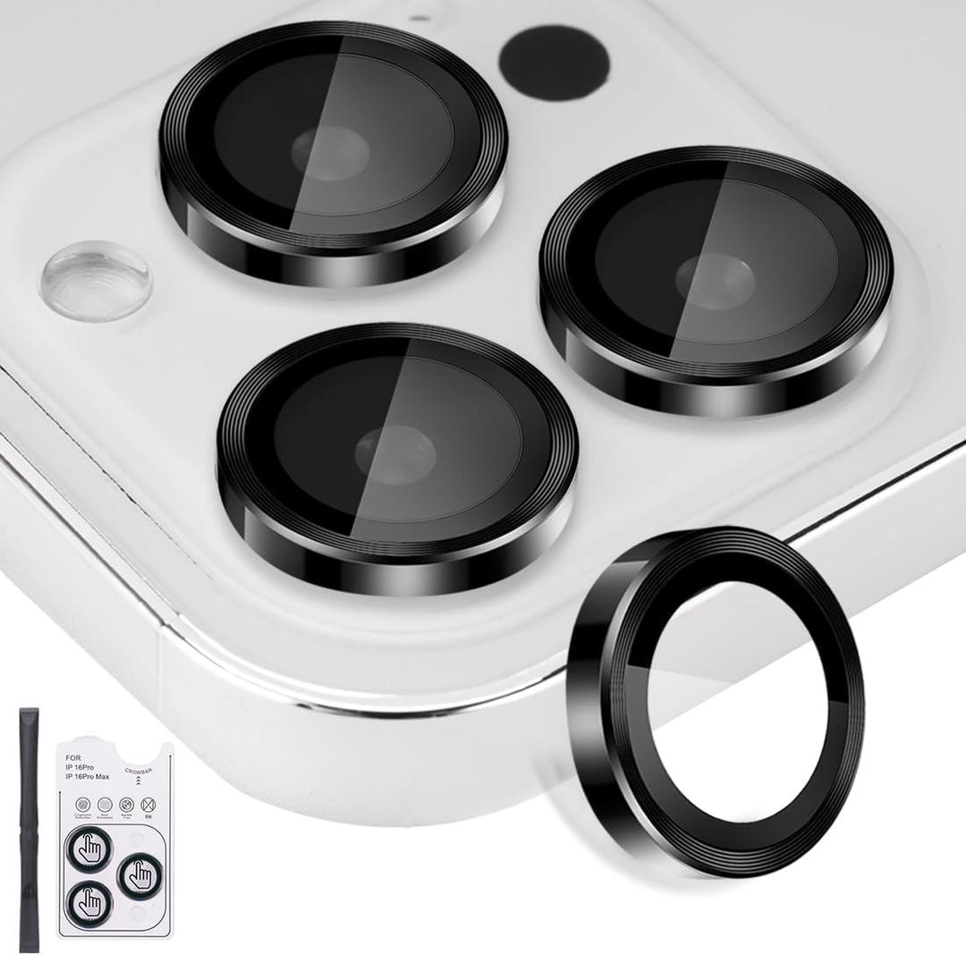 Camera Lens Protector for iPhone 16 Pro & iPhone 16 Pro Max, Tempered Glass Lens Protector Aluminum Alloy Ring Camera Cover Fits for iPhone 16 Pro/16 Pro Max (Black)