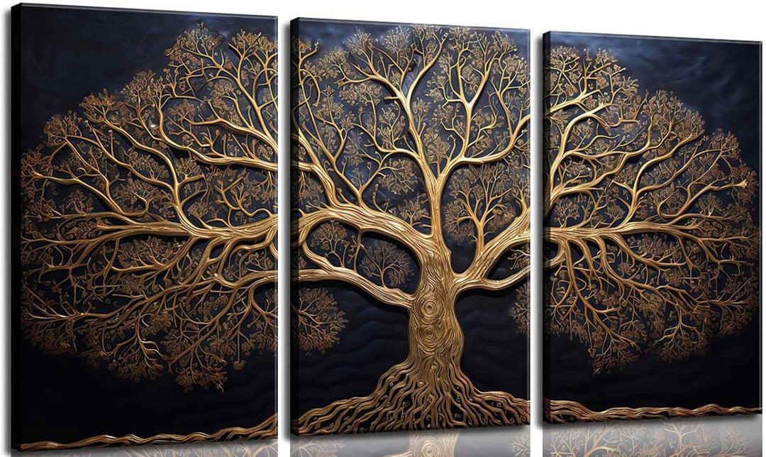 3Pcs Vintage Tree Life Canvas Wall Art Abstract Gold Tree Painting Decor Pictures Moody Modern Dark Plants Tree of Life Posters Prints for Living Room Bathroom Bedroom Decoration No Frames