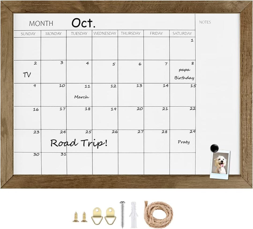 TORASO Dry Erase Monthly Calendar Board, Solid Pine Wood Frame Magnetic Whiteboard for Wall, Office/School/Home, Hanging Board 12"x 16"(YL-RB-3040-A) (Rustic Brwon)