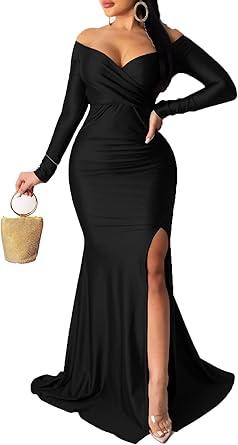 Vakkest Women's Off Shoulder Prom Evening Gowns Sexy High Split Maxi Dress Long Sleeve Cocktail Wedding Guest Dresses L 