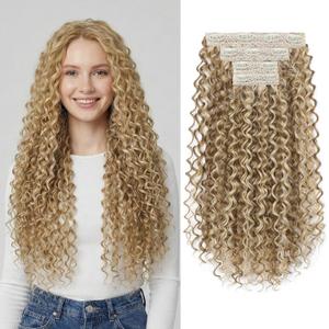REECHO Curly Hair Extensions - 4PCS Clip In Hair Extensions Kinky Curly Clip Ins 3B 3C 4A Full Head Long Soft Synthetic Hairpiece for Women, Medium Blonde with Highlights