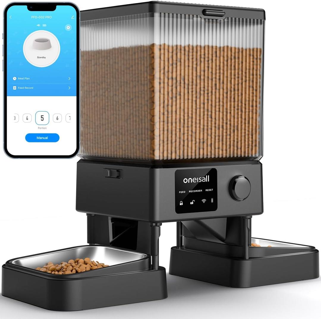 oneisall Automatic Cat Feeder with 5G WiFi, Automatic Cat Food Dispenser for 2 Cats Small Pets, 20 Cups/5L Timed Dry Food Dispenser with APP Control (Black)
