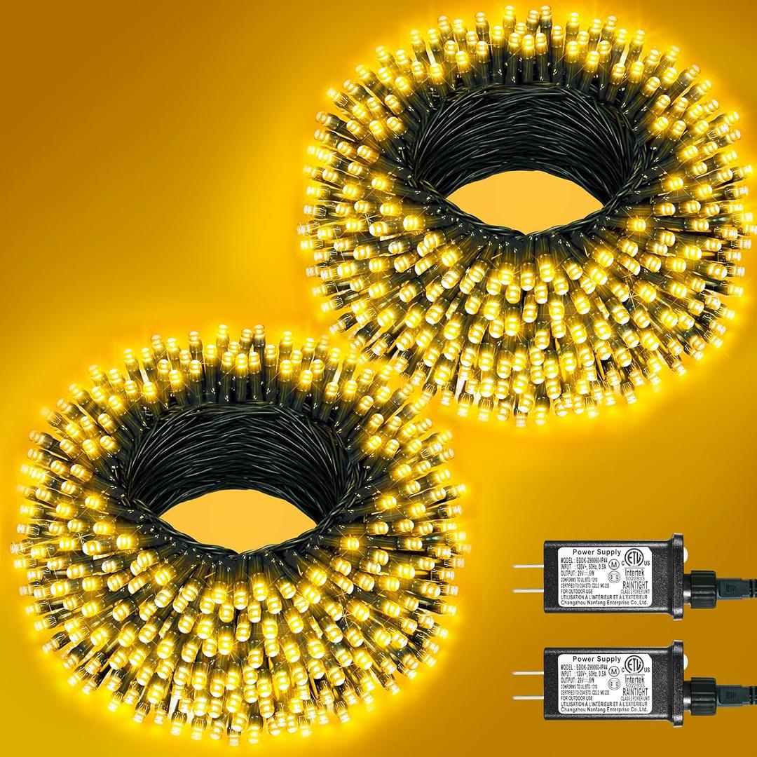2 Pack Christmas Lights Outdoor, Total 200FT 600LED Christmas Tree Lights with 8 Modes Waterproof, Warm White String Twinkle Lights Green Wire for Indoor Patio Garden Xmas Holiday Wedding Decorations