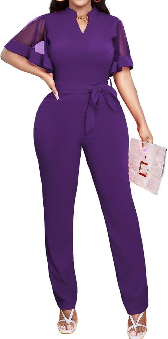 Oxgmoky Women's Jumpsuits Elegant Business V Neck Zipper Long Sleeve Sexy Strap Straight Long Pants Rompers With Pockets (Medium)
