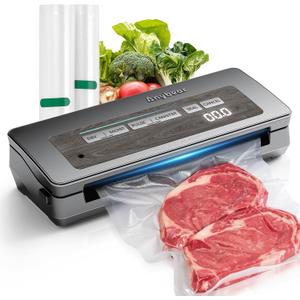 Vacuum Sealer Machine, 90kPa 120W Wide Seal All-IN-1 Powerful Food Storage, Build-in Cutter | Bags Storage | Digital Countdown Display | 2 Bag Rolls and 5pcs Pre-cut Bags (Gray)