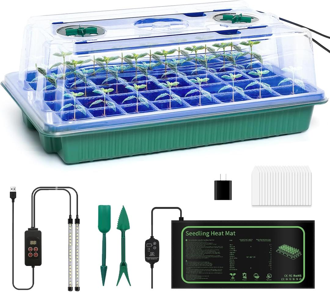 joyhalo 40 Cell Seed Starter Kit with Grow Light and Graphene Heating Mat, Reusable Seed Starter Tray with Higher 4.7”Humidity Domes, Garden Plant Germination Station