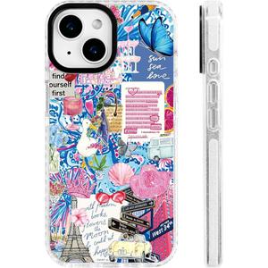 for iPhone 13 & iPhone 14 Case [Military-Grade Drop Protection/Vibrant Soft TPU Protective/Camera Protection/for Women & Girls]-Playful Vibrant Romantic Pink Blue Girly Urban Collage Art