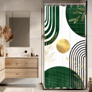 KOMLLEX Green Boho Shower Curtain for Bathroom Decor 36Wx72H Inches Modern Minimalist Abstract Mid Century Gold Leaves Sun Geometric Plant Aesthetic Chic Fabric Waterproof Polyester 7 Pack Hooks