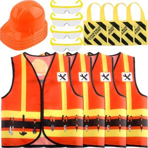 16 Pcs Kid Construction Worker Costume Set Include Construction Vest Hat Goggles and Tote Bag for Kids Halloween (Orange)