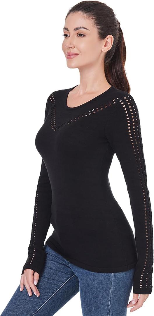 AmlieBoutik Women Crew Neck Eyelet Trim Long Sleeve Knit Top Sweater (Medium, Black)