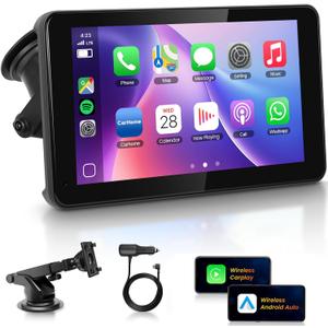 OTA Upgrade Super Link 7-inch IPS Portable Carplay Screen for Car Compatable with Apple CarPlay Android Auto,Wireless Car Play Unit with GPS Navigation,Bluetooth5.0,Mirror Link,for All Vehicles