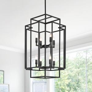 Black Farmhouse Modern Chandelier, 8-Light Tiered High Ceiling Chandeliers, Foyer Lighting Fixtures, Industrial Hanging Metal Lantern Pendant Light, for Livin Room,Entryway,Staircase,Hallway