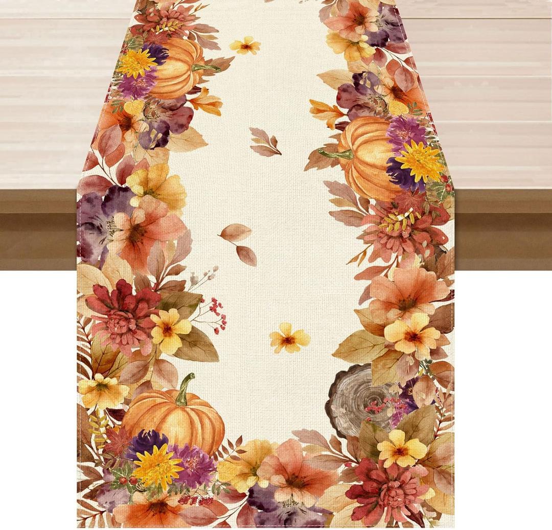XCHI Fall Color Wild Flowers Watercolor Table Runner Table Decoration for Kitchen Dining Dinner Autumn Home Decor 13x36 Inch