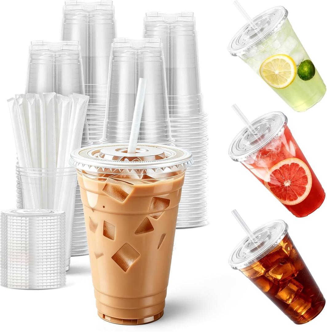100-Pack 16 oz Cups with Lids and Straws, Disposable Plastic Cups with Lids - BPA-free, Perfect for Iced Coffee, Frappes, Milkshakes & Juice, Ideal for Home, Office & Parties 