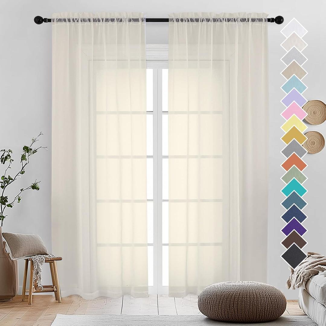 OVZME Cream Sheer Curtains 90 Inches Long 2 Panels - Soft Light Filtering Window Sheer Panels for Living Room/Bedroom, Top Dual Rod Pocket, 1 Pair, Each 42Wx90L Inches