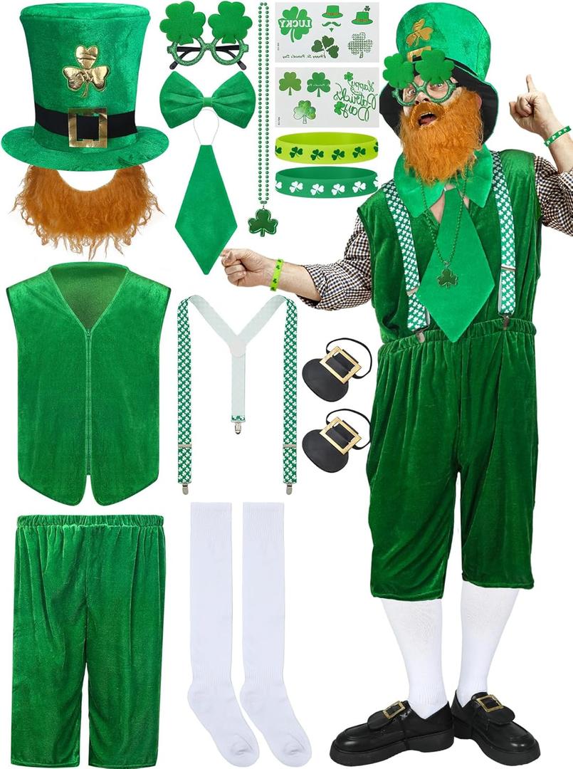 Leumoi 16 Pcs St. Patrick's Day Party Costume Include Leprechaun Hat with Beard Vest Suspender Shorts Bow Tie Shamrock Necklace Glasses Long Socks Gold Shoe Buckles Stickers for Irish Party Decoration