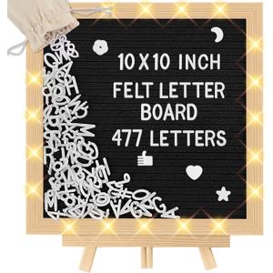 10 x 10 in Felt Letter Board with LED Lights,Changeable Message Board with Wooden Frame and Wall Mount Hook,Letter Board with 477 Letters for Pregnancy Announcement/Baby/Celebration/Home Decor(Black)