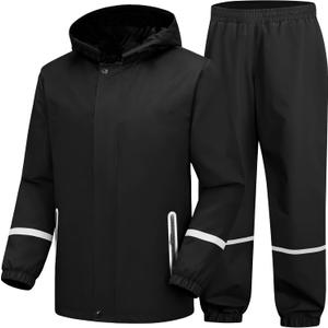 SWISSWELL Kids Rain Suit Boys Girls Youth Waterproof Rain Gear Breathable Reflective Raincoat and Pants Black 2XL