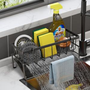 Kitchen Sink Caddy, Sponge Holder for Kitchen, Soap Dish Holder for Countertop, with Dishcloth Hanger Drying Rack, Rustproof 304 Stainless Gadgets Sink Accessories (Black)