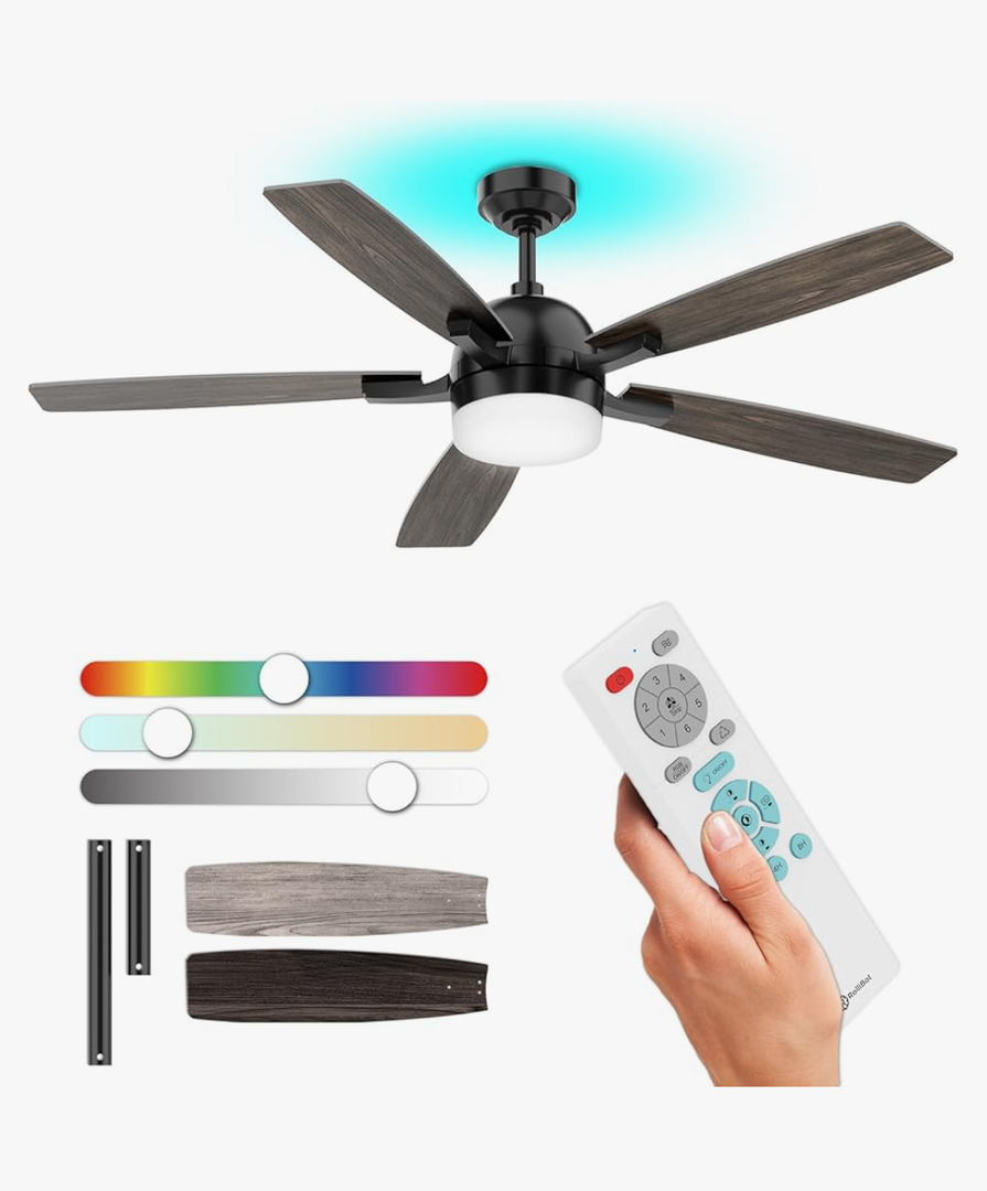 57-Inch Ceiling Fan with Lights and Remote, Top RGB LED & Dimmable Down Light, Ultra-Quiet, 6-Speed, Timer, Reversible Air Circulation Mode, All-Season Use for Bedroom, Living Room Black