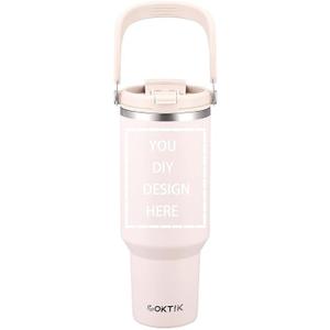 COKTIK 40 OZ Personalized Customized Water Bottle (with handle and straw), Stainless Steel Heat-Resistant Mug, Travel Cup | Custom Name, Image | Suitable for Holiday Gifts (Beige)