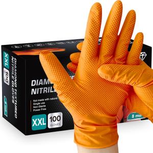 8 Mil Heavy Duty Disposable Nitrile Gloves, Diamond Texture, Latex & Powder Free for Mechanics & Industrial, 100-Pack (Orange) X
