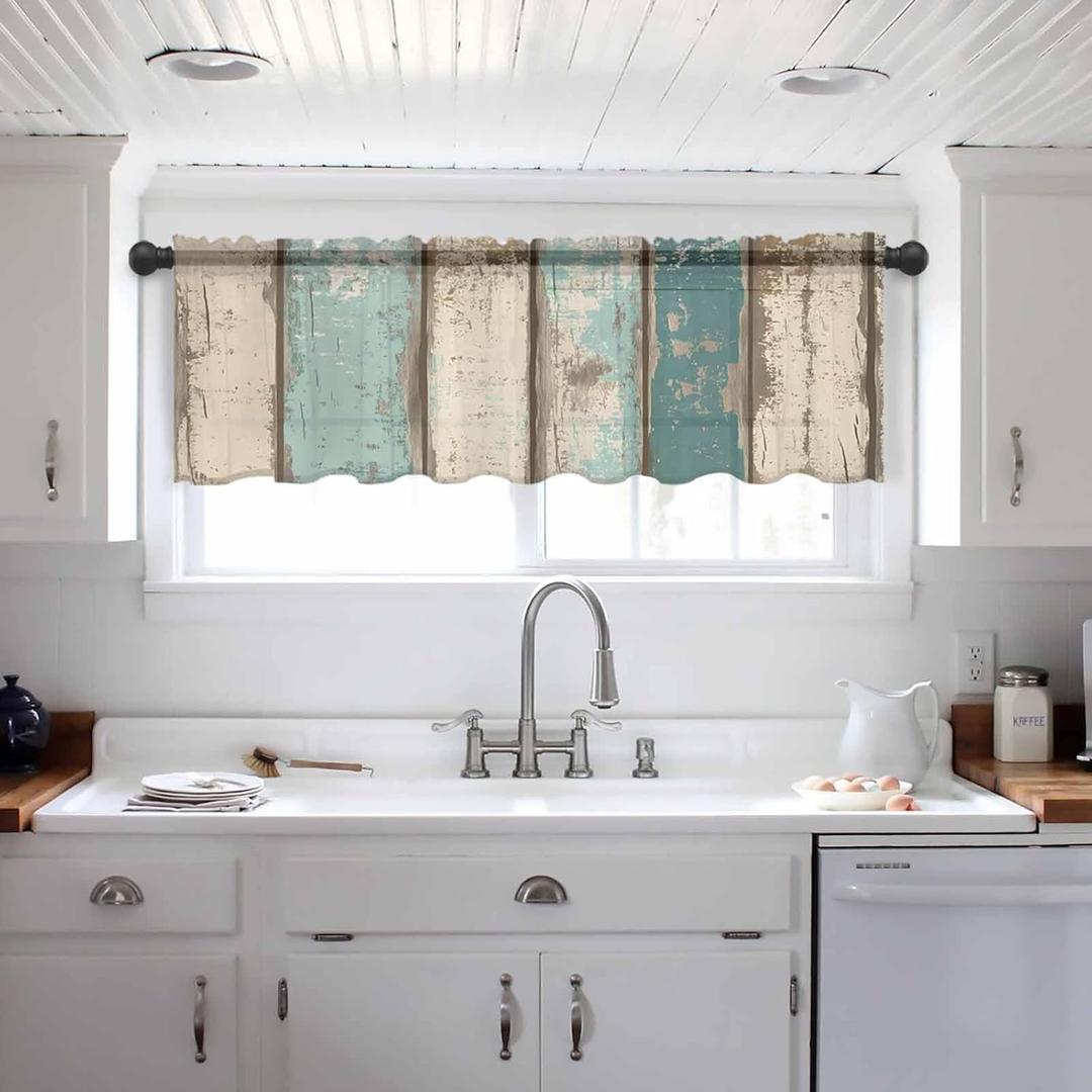 Turquoise Aqua Sheer Valance Curtains 12 Inch Length for Kitchen/Living Room/Bathroom/Bedroom Window,Rustic Gray White Pastoral Wooden Stripes Rod Pocket Small Short Window Sheer Curtains,42"x12"