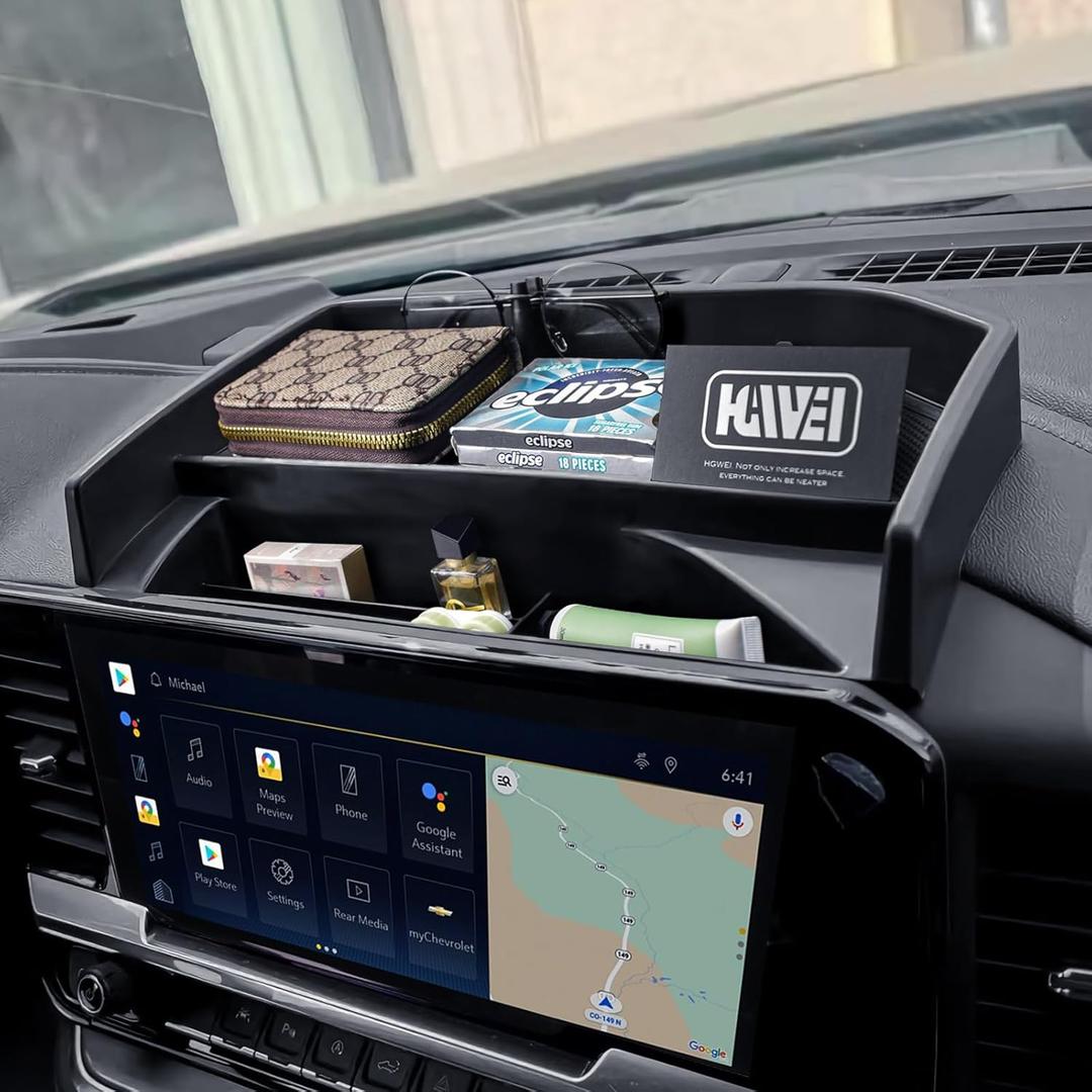 Center Console Dashboard Organizer Compatible with 2022-2025 Chevy Silverado/GMC Sierra 1500, (24-25) 2500HD/3500HD Accessories Dash Storage Box Insert Tray Behind 13.4-in Screen, Black