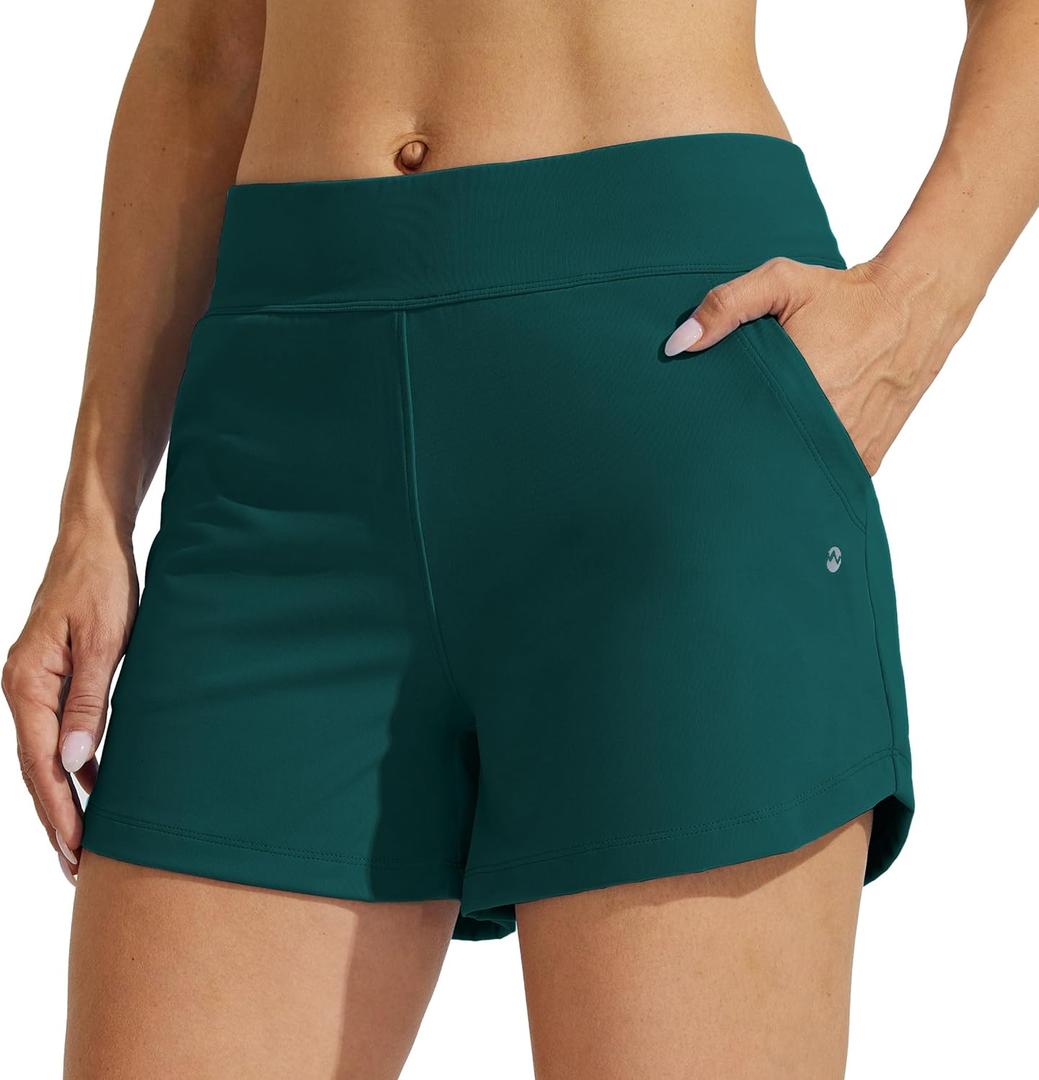 Willit Women's Swim Board Shorts Swimming Bottoms Tummy Control Beach Shorts with Liner (Teal)