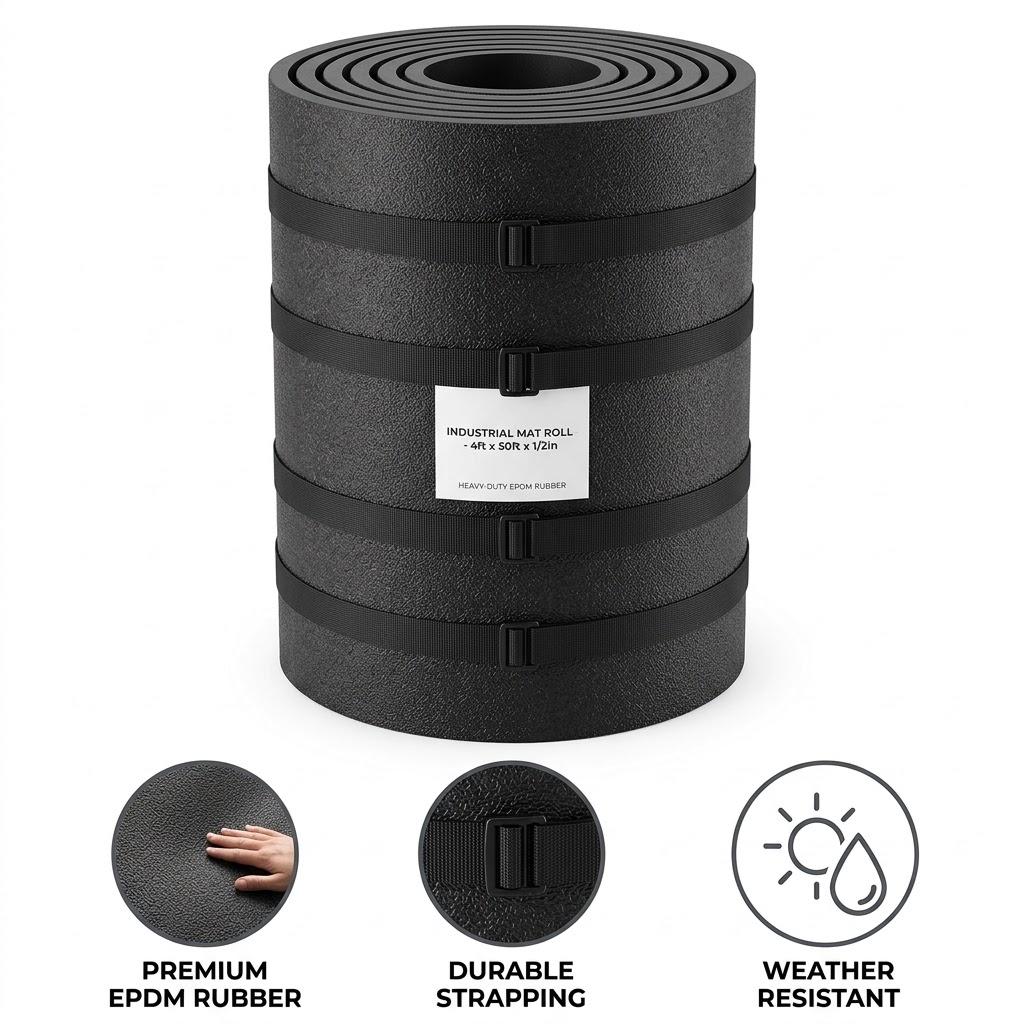 Premium 4ft x 50ft Heavy-Duty EPDM Rubber Industrial Mat Roll - Weather Resistant, High-Durability Sheet for Anti-Slip Flooring and Floor Protection (1/2 Inch Thick)
