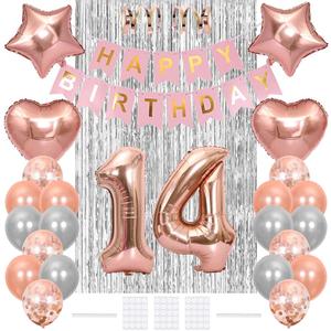 14th Birthday Decoration Happy Birthday Banner Flag 14 Year Old Birthday Party Supplies Tinsel Curtain Number 14 Balloon Confetti Latex Helium Balloon Star Heart Foil Balloon, Rose Gold