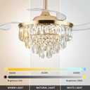 36 inch Modern Crystal Ceiling Fan with Lights and Remote LED Dimmable Fandelier Invisible Retractable Ceiling Fan 3 Blades 6 Speeds for Bedroom Living Room Dining Room(Gold)