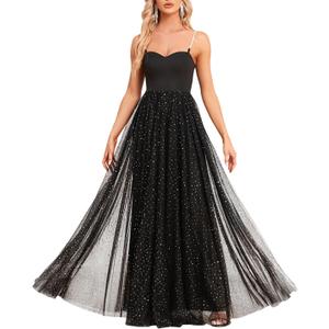 Women's Sparkly Prom Gowns Glitter Sequin Tulle A Line Long Formal Evening Gown Dresses High Waist Maxi Party Dress (Black, L)