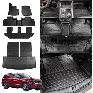 Rongtaod Floor Mats Compatible with 2020-2025 Ford Explorer 7 Seats Cargo Mat Cargo Liner Trunk Liner Back Seat Cover Protector 2024 Explorer Accessories (Trunk Mat with Backrest Mat+Floor Mats) (Compatible with 7 Seats Explorer)