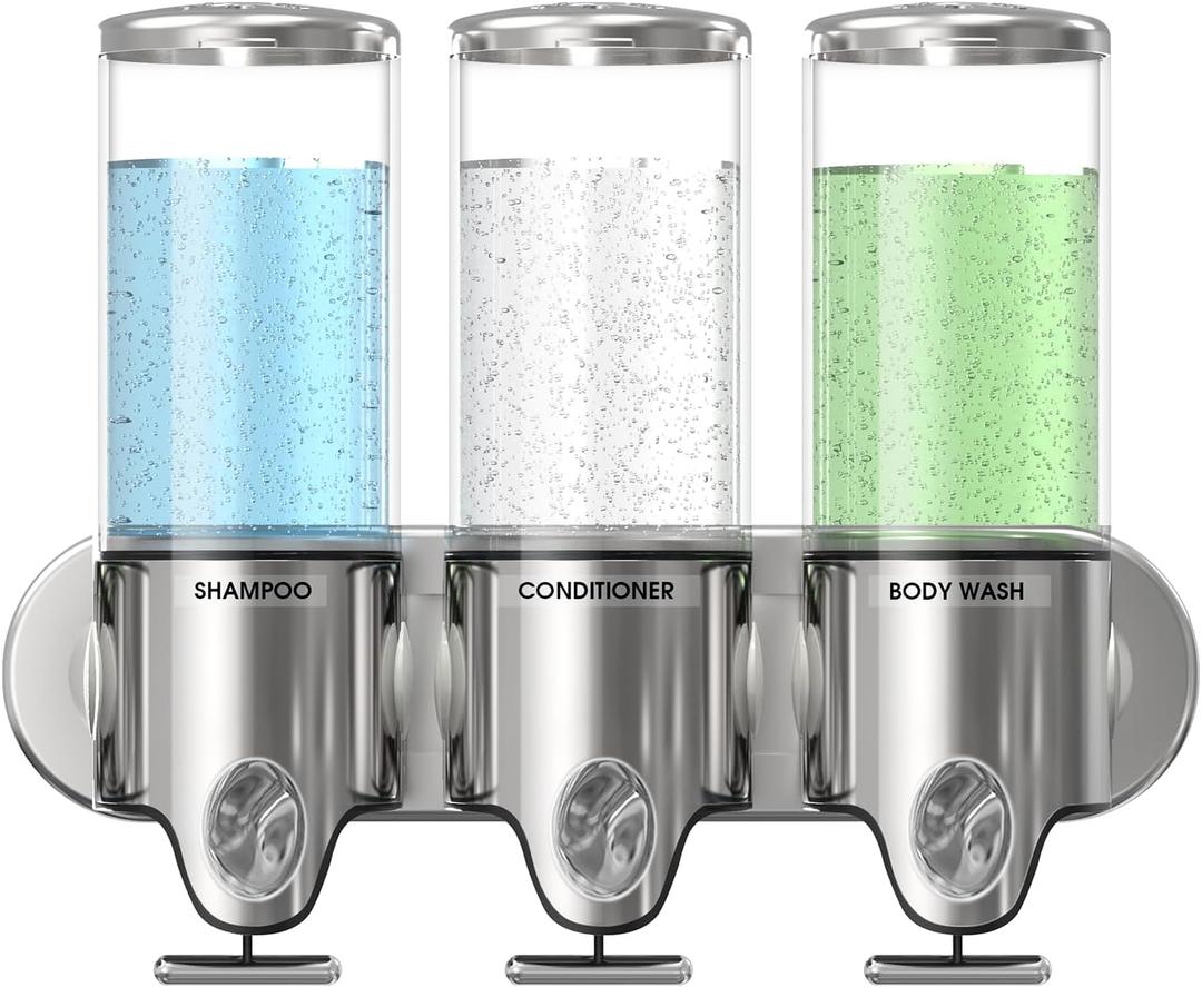 Shampoo and Conditioner Dispenser,Rocfinity Triple Stainless Steel Soap Dispenser Bathroom,Wall Mounted Shower Shampoo Dispenser 3 Chamber No Drill,1500ml/ 51 oz Toatl Bathroom Accessories