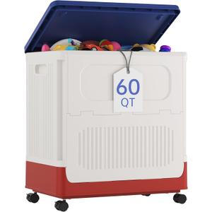 HAIXIN Storage Bin with Lid - 60 QT Plastic Storage Box with Wheels 14.8 Gal Flip-top Organizer for Clothes Large Toy Chest with Animal Stickers for Kids, White Bin with Blue Lid and Red Base