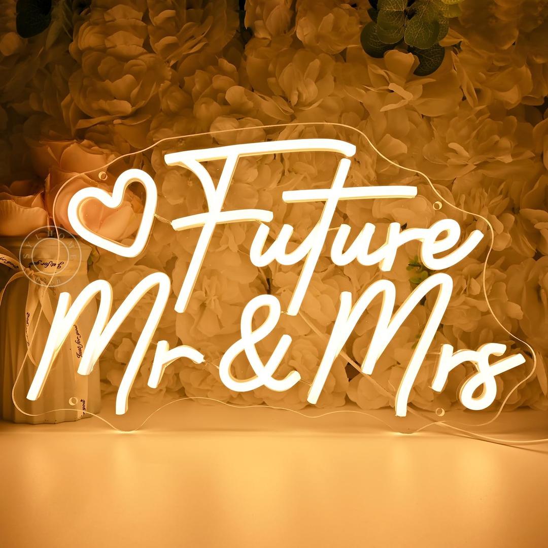 SYLHOME Future Mr & Mrs Led Neon Light Sign Wedding Wall Decor Sign Banner Engagement Party Bridal Shower Light Up Sign Backdrop 15.75" X 9.25" USB Warm