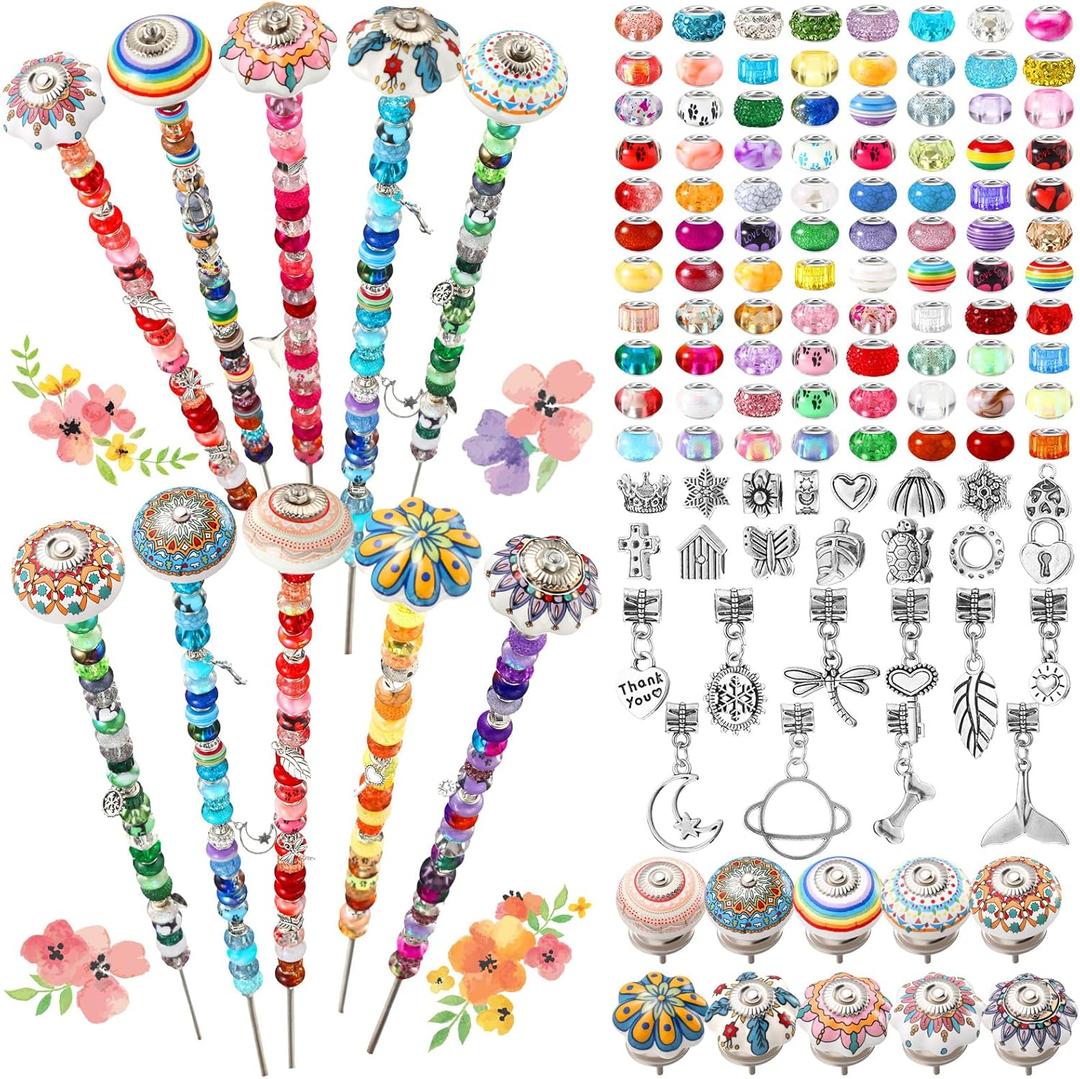 255 Pcs 14 Inch Garden Stakes Decorative Ceramic Mushroom and Pumpkin Round Beaded Garden Stakes Decor Fairy Sticks for Indoor Outdoor Yard Lawn Pathway Patio Decoration
