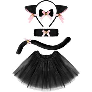 Neer 5 Pcs Halloween Cat Costume Set Girl Cat Ears Headband Tail Bow Tie Tutu Skirt for Kitty Halloween Dress up Party (Medium, Black)