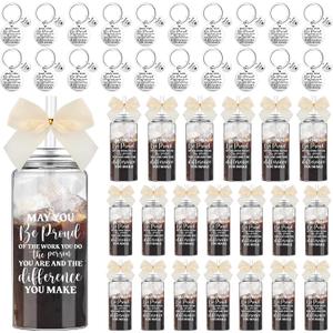 Skylety 20 Pcs 20 Set Teacher Employee Appreciation Gifts Bulk 13.5 oz Plastic Cup with Lid Straw Inspirational Keychain Birthday Gift for Coworker Administrative Assistant (Cream,May You Be Proud)