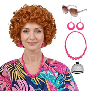 Orange Wig for Women Landlady Costume Red Orange Curly Synthetic Wig With Hot Pink Jewelry Necklace+Earrings+Glasses Ginger Wigs For Cospaly Halloween Party Use