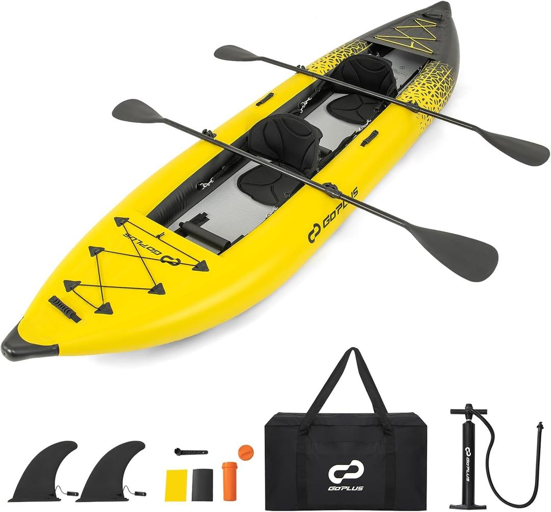 Goplus Inflatable Kayak, 2-Person Kayak Set for Adults with 507 LBS Weight Capacity, 2 Aluminium Oars, EVA Padded Seat, 2 Fins, Hand Pump, Carry Bag, Repair Kit, Portable Touring Kayaks, Yellow 