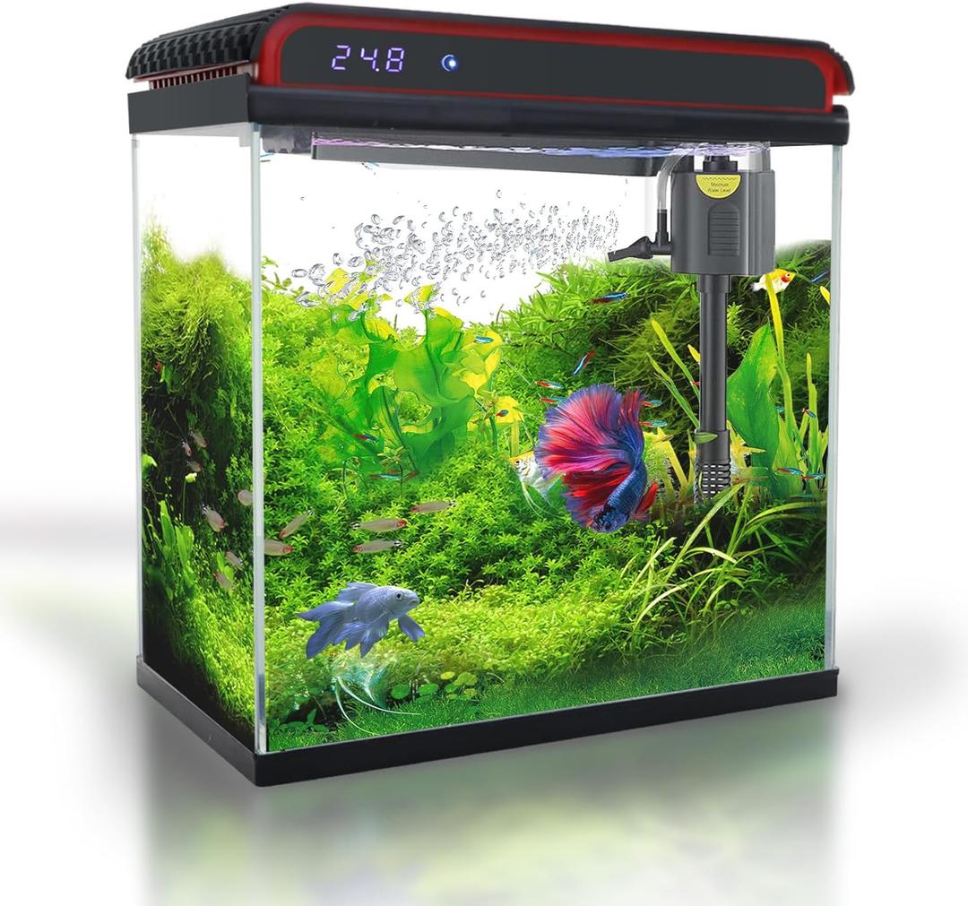 Glass 5 Gallon Fish Tank Aquarium - Smart Self-Cleaning Starter Kit with 3-Color LED Light, Ultra Quiet Pump & Filter, Temperature Monitoring for Betta Fish and Shrimp