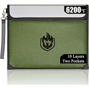 2 Pockets Fireproof Document Bag 6200F, 10 Layers Waterproof Fireproof Money Bag for Cash with Reflective Strip, Heat Insulated Waterproof Document Holder Pouch, Fire Safe Storage (Green)