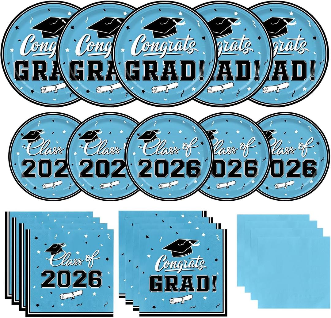 Graduation Plates and Napkins Gatherfun 2026 Graduation Party Supplies Sky Blue Disposable Paper Plates Cocktail Napkins for Congrats Grad Decorations, Serve 50