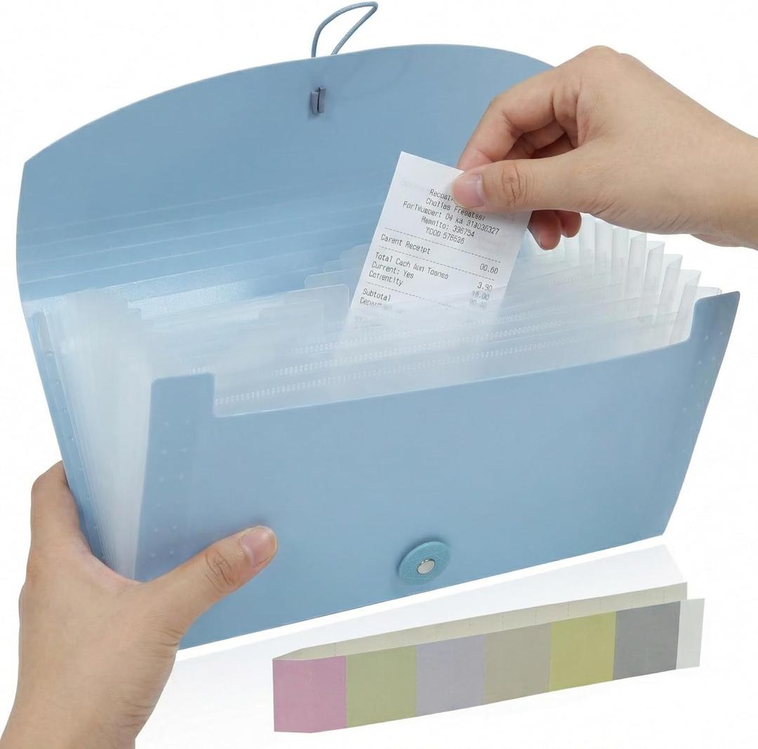 Portable 13-Pocket Receipt & Coupon Organizer, Small Expanding Accordion File Folder with Labels, Long Ticket Size Holder for Bills, Checks, and Travel Documents (10.2" x 5.5"), Blue