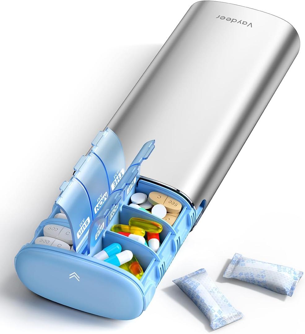 Vaydeer Metal 7 Day Pill Organizer 2 Times a Day AM PM Weekly Travel Pill Case with Moisture-Proof Desiccant, Airtight Large Capacity Pill Box for Vitamins, Medications & Supplements (Silver)